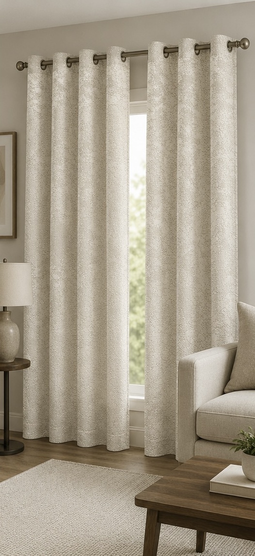 Beige textured curtains in modern interior