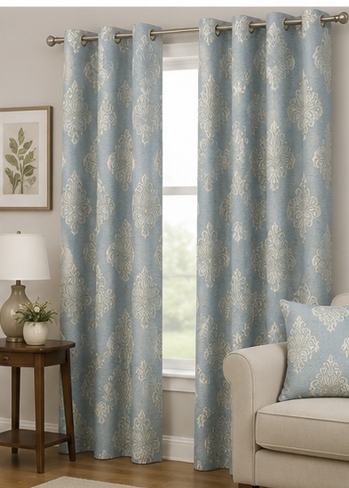 Damask Jacquard Curtain Fabric with White & Gold Ornamental Design - Image 4